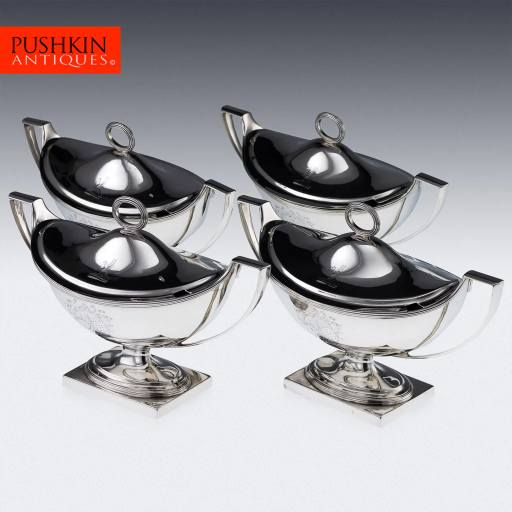 ANTIQUE 18THC RARE GEORGIAN SOLID SILVER SET OF 4 SAUCE TUREENS, R SHARP C.1793.jpg