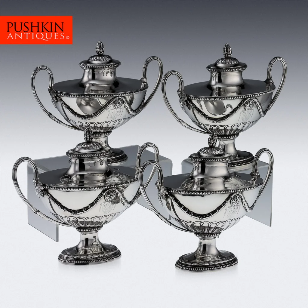 ANTIQUE 18THC RARE GEORGIAN SOLID SILVER SET OF 4 SAUCE TUREENS, W HOLMES C.1778.jpg