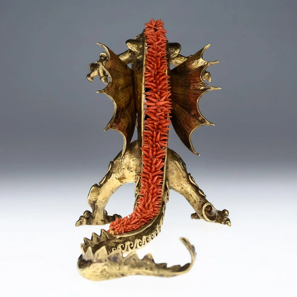 Pushkin Antiques- UNIQUE 20thC ITALIAN GILT SOLID SILVER & CORAL CAST MASSIVE DRAGON FIGURE c.1980-03.jpg