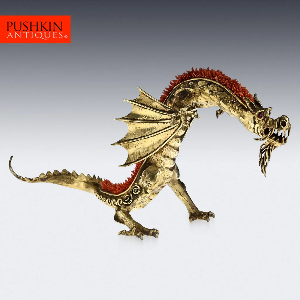 Pushkin Antiques- UNIQUE 20thC ITALIAN GILT SOLID SILVER & CORAL CAST MASSIVE DRAGON FIGURE c.1980-01.jpg