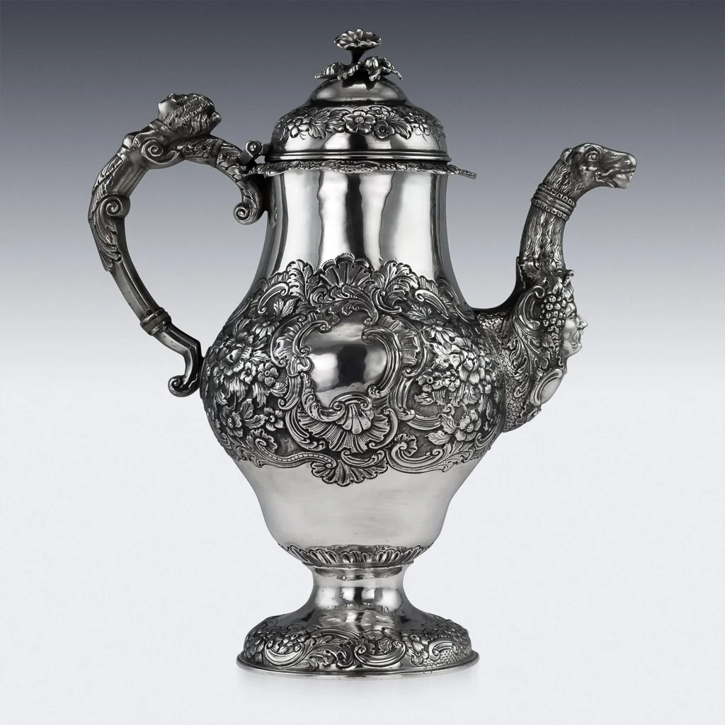 Pushkin Antiques - ANTIQUE 19thC IRISH SOLID SILVER FIGURAL COFFEE POT, JAMES LE BAS, DUBLIN c.1821-03.jpg