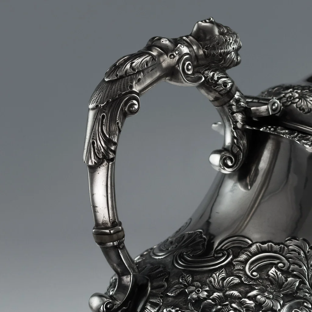 Pushkin Antiques - ANTIQUE 19thC IRISH SOLID SILVER FIGURAL COFFEE POT, JAMES LE BAS, DUBLIN c.1821-09.jpg