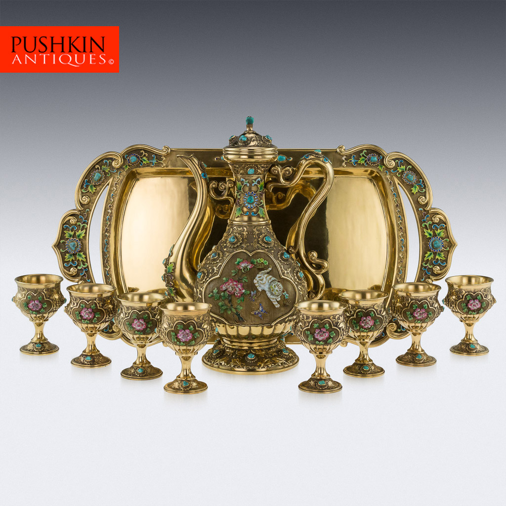 PUSHKIN ANTIQUES - VINTAGE 20thC CHINESE SOLID SILVER & ENAMEL EXCEPTIONAL SAKE SET ON TRAY c.1970 01.jpg