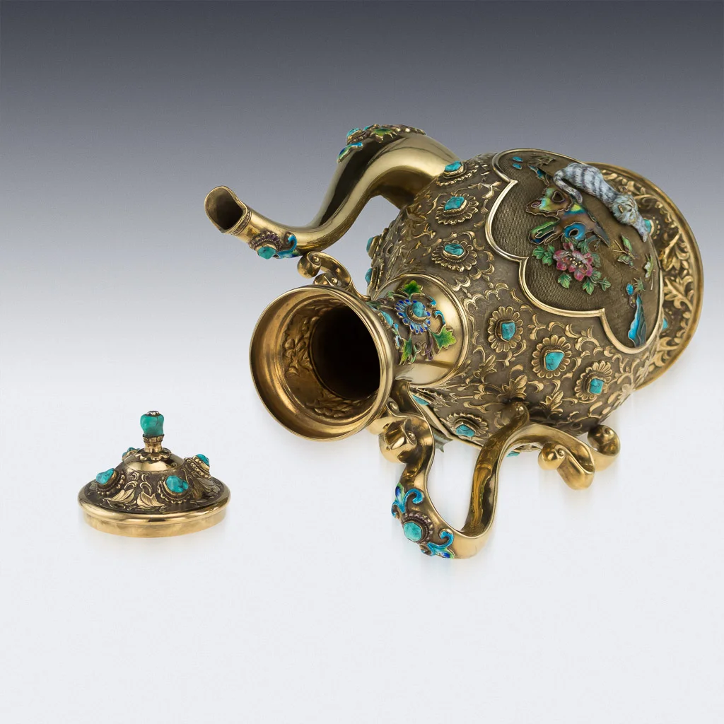 PUSHKIN ANTIQUES - VINTAGE 20thC CHINESE SOLID SILVER & ENAMEL EXCEPTIONAL SAKE SET ON TRAY c.1970 05.jpg