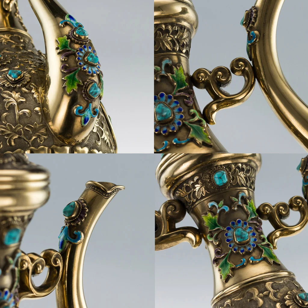 PUSHKIN ANTIQUES - VINTAGE 20thC CHINESE SOLID SILVER & ENAMEL EXCEPTIONAL SAKE SET ON TRAY c.1970 09.jpg