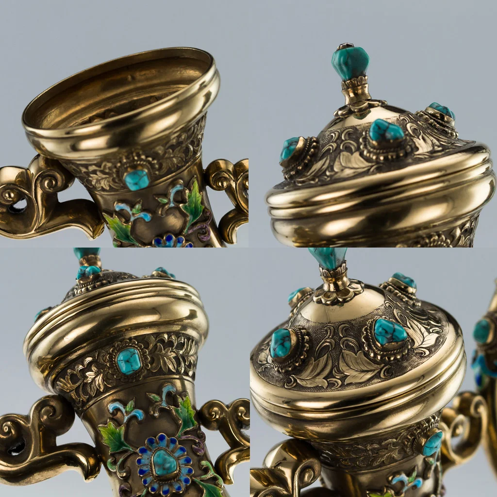 PUSHKIN ANTIQUES - VINTAGE 20thC CHINESE SOLID SILVER & ENAMEL EXCEPTIONAL SAKE SET ON TRAY c.1970 14.jpg