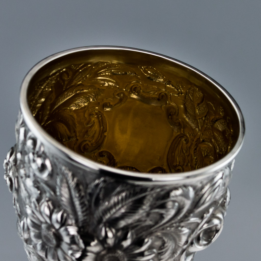 PUSHKIN ANTIQUES - ANTIQUE STYLE SOLID SILVER SET OF 12 EMBOSSED GOBLETS c.2010 08.jpg