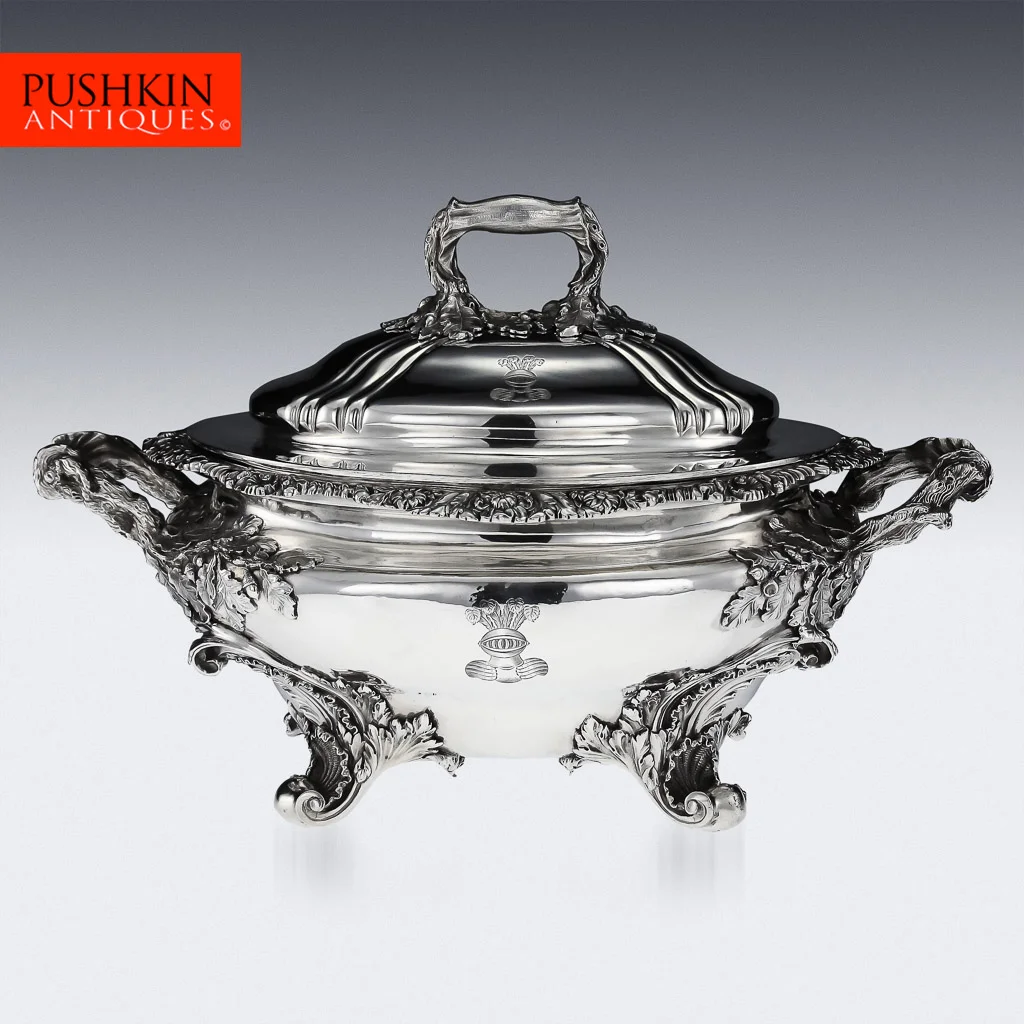 ANTIQUE 19thC GEORGIAN SOLID SILVER IMPRESSIVE SOUP TUREEN & COVER, LONDON c1824.jpg