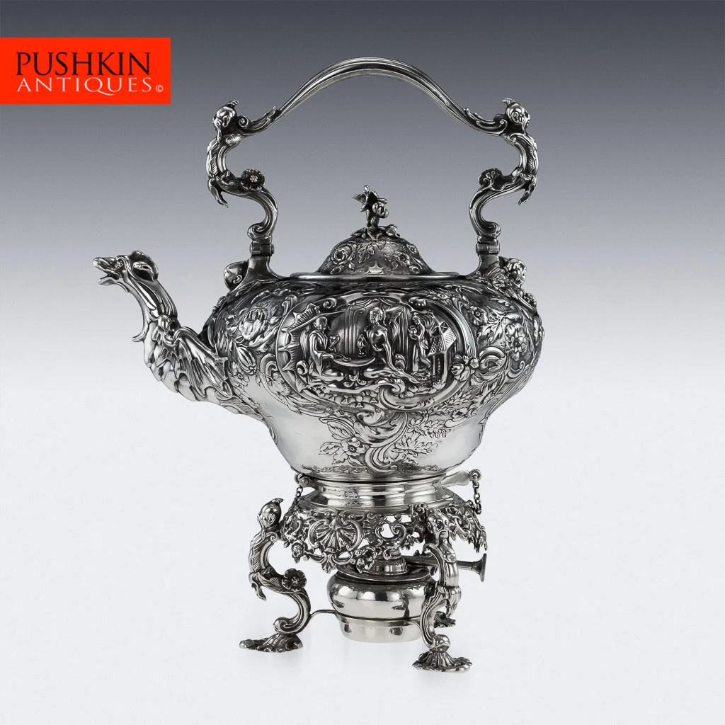 Pushkin Antiques - ANTIQUE 18thC GEORGIAN CHINOISERIE SOLID SILVER TEA KETTLE, PAUL STORR c.1829-01.jpg