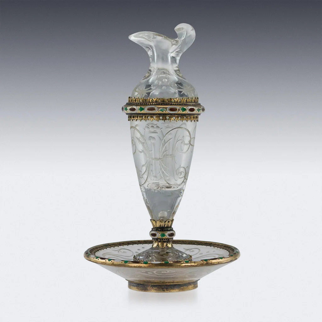 Pushkin Antiques - ANTIQUE 19thC AUSTRIAN SOLID SILVER-GILT ENAMEL, ROCK CRYSTAL EWER & STAND c1880-02.jpg