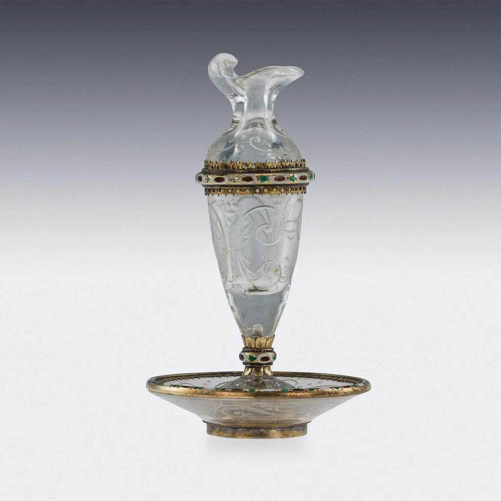 Pushkin Antiques - ANTIQUE 19thC AUSTRIAN SOLID SILVER-GILT ENAMEL, ROCK CRYSTAL EWER & STAND c1880-04.jpg