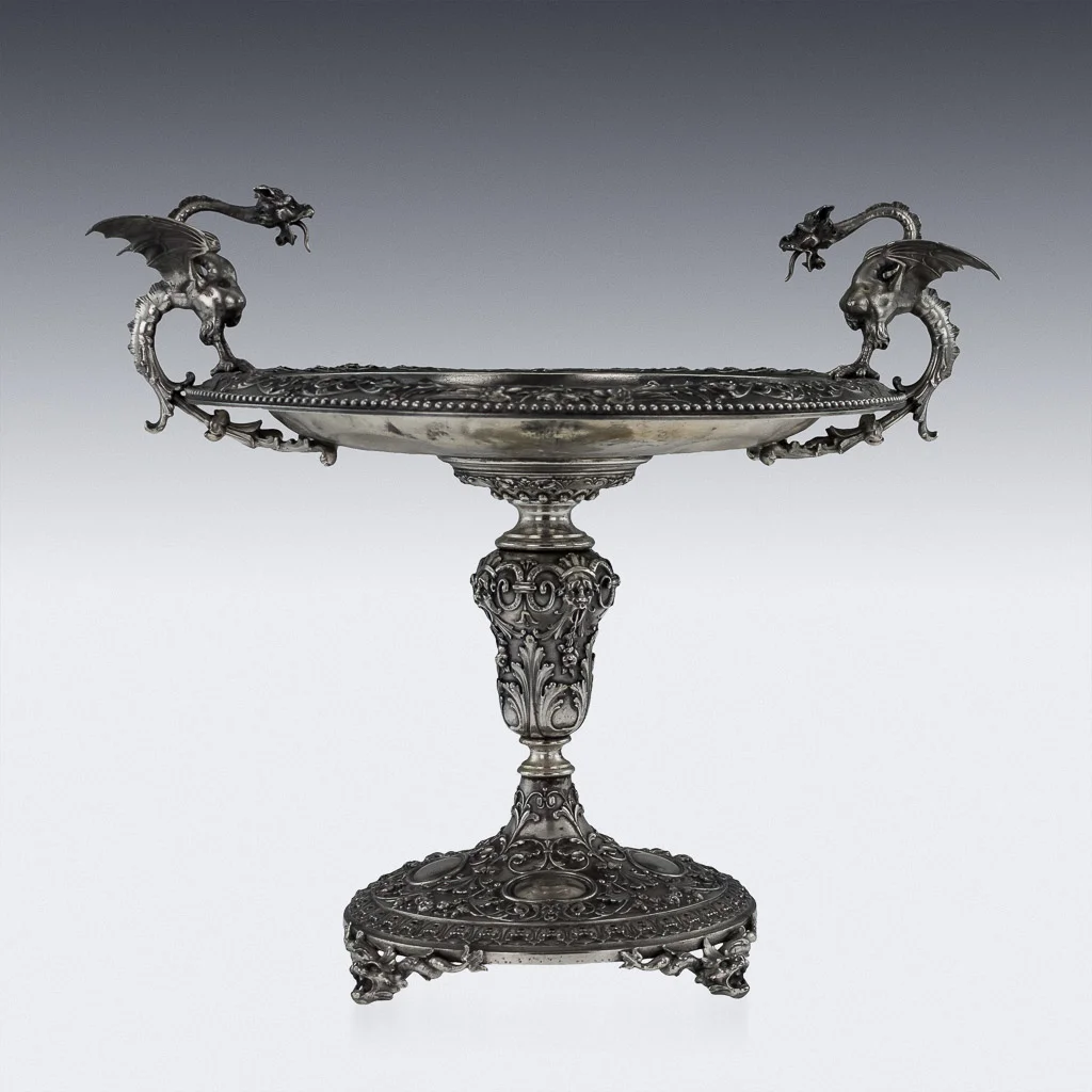 Pushkin Antiques - ANTIQUE 20thC ITALIAN SOLID SILVER IMPRESSIVE CELLINI DRAGON TAZZA c.1920-02.jpg