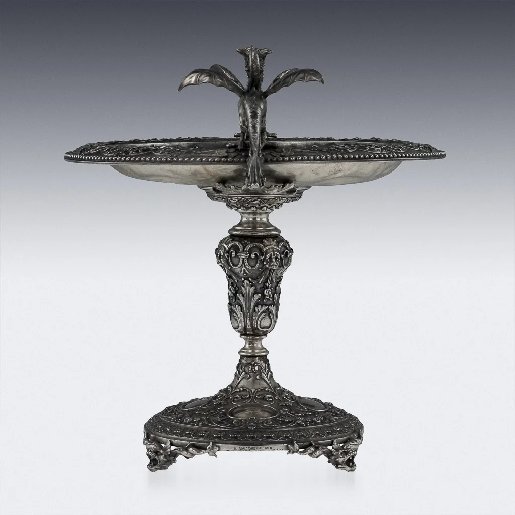 Pushkin Antiques - ANTIQUE 20thC ITALIAN SOLID SILVER IMPRESSIVE CELLINI DRAGON TAZZA c.1920-03.jpg