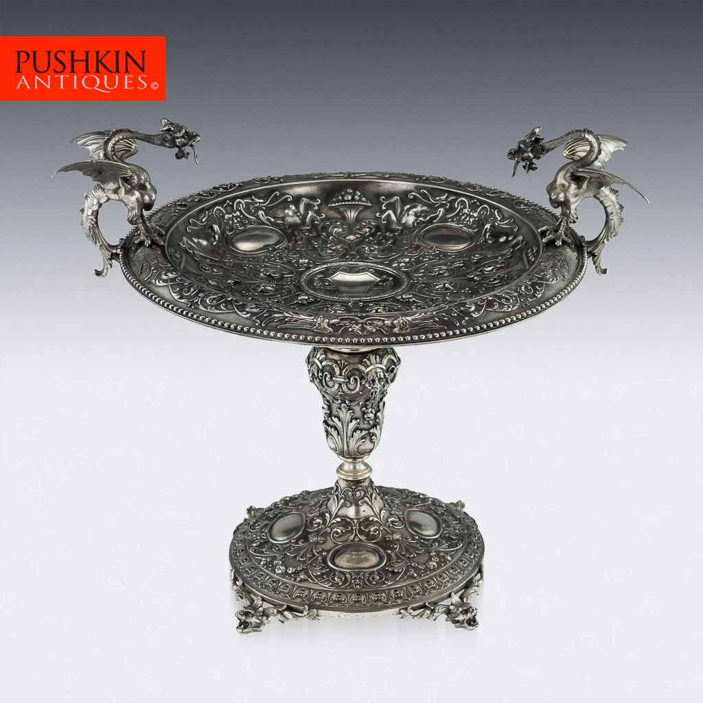 Pushkin Antiques - ANTIQUE 20thC ITALIAN SOLID SILVER IMPRESSIVE CELLINI DRAGON TAZZA c.1920-01.jpg