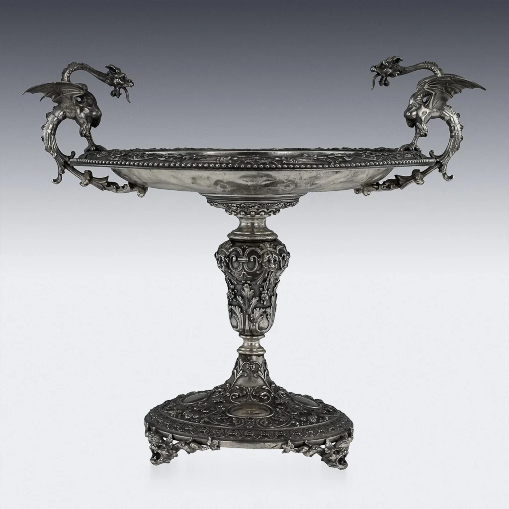 Pushkin Antiques - ANTIQUE 20thC ITALIAN SOLID SILVER IMPRESSIVE CELLINI DRAGON TAZZA c.1920-04.jpg