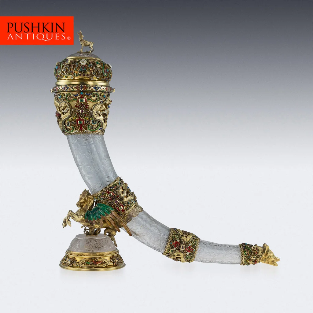Pushkin Antiques - ANTIQUE 19thC AUSTRIAN SILVER GILT, ROCK CRYSTAL & ENAMEL HUNTING HORN c.1890-01.jpg