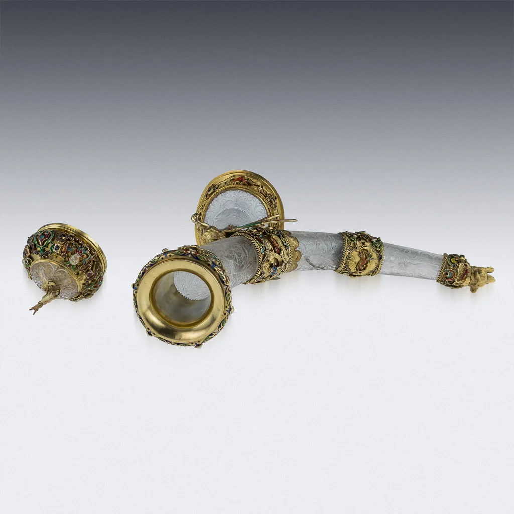 Pushkin Antiques - ANTIQUE 19thC AUSTRIAN SILVER GILT, ROCK CRYSTAL & ENAMEL HUNTING HORN c.1890-06.jpg