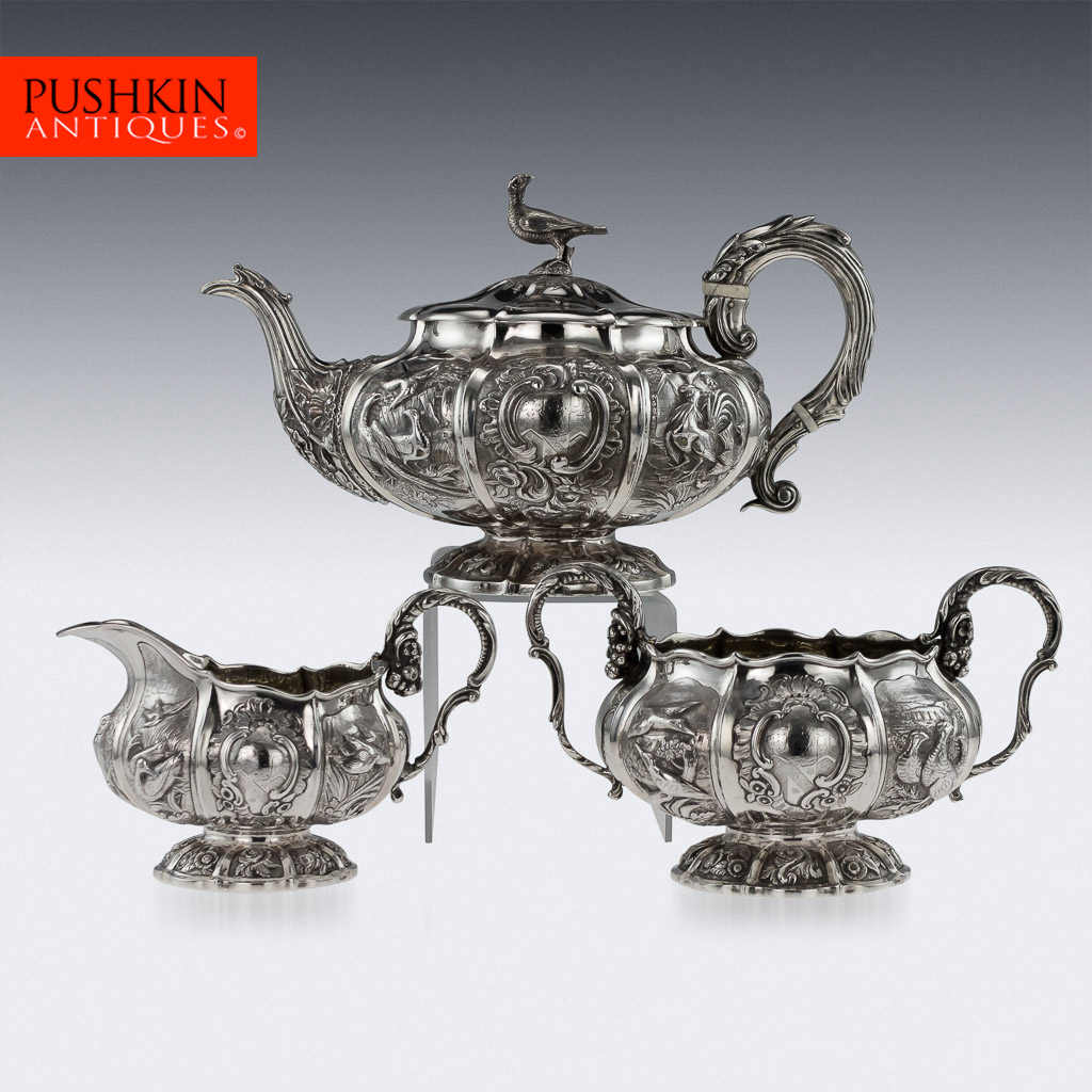 Pushkin Antiques - ANTIQUE 19thC REGENCY SOLID SILVER 3 PIECE PHEASANT TEA SET, LONDON c.1824-01.jpg