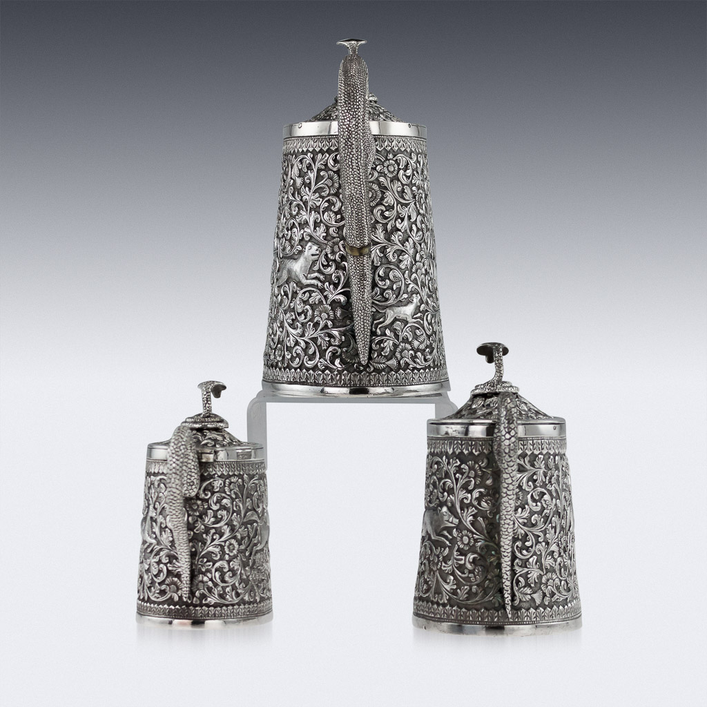 Pushkin Antiques - ANTIQUE 19thC INDIAN CUTCH SOLID SILVER 3 PIECE TEA SET c.1890-02.jpg