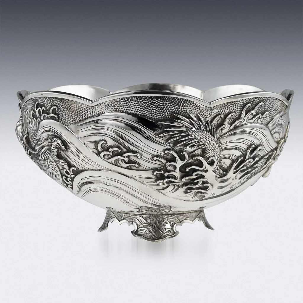 PUSHKIN ANTIQUES - ANTIQUE 19thC JAPANESE MEIJI PERIOD SOLID SILVER MASSIVE DRAGON BOWL c.1890 - 02.jpg