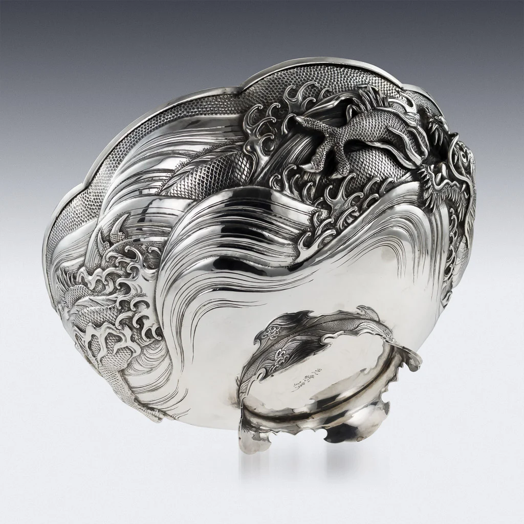 PUSHKIN ANTIQUES - ANTIQUE 19thC JAPANESE MEIJI PERIOD SOLID SILVER MASSIVE DRAGON BOWL c.1890 - 05.jpg