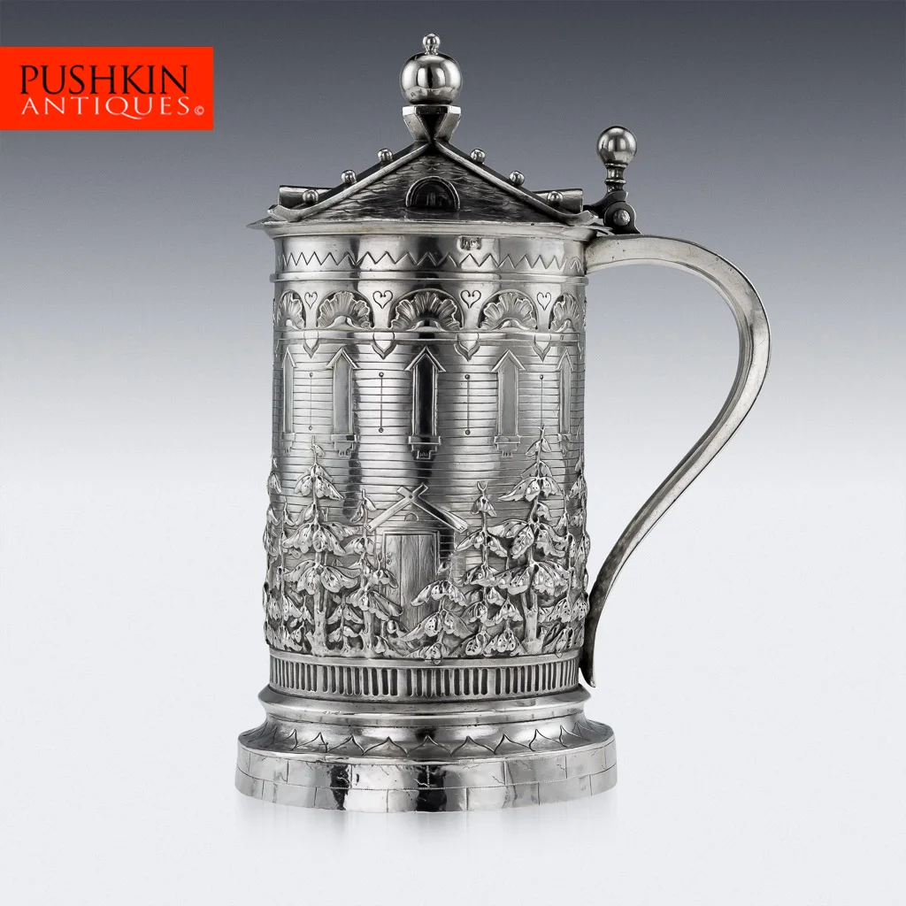 PUSHKIN ANTIQUES - ANTIQUE 19thC RUSSIAN TROMPE L'OEIL HOUSE SOLID SILVER TANKARD, MOSCOW c.1871 - 01.jpg