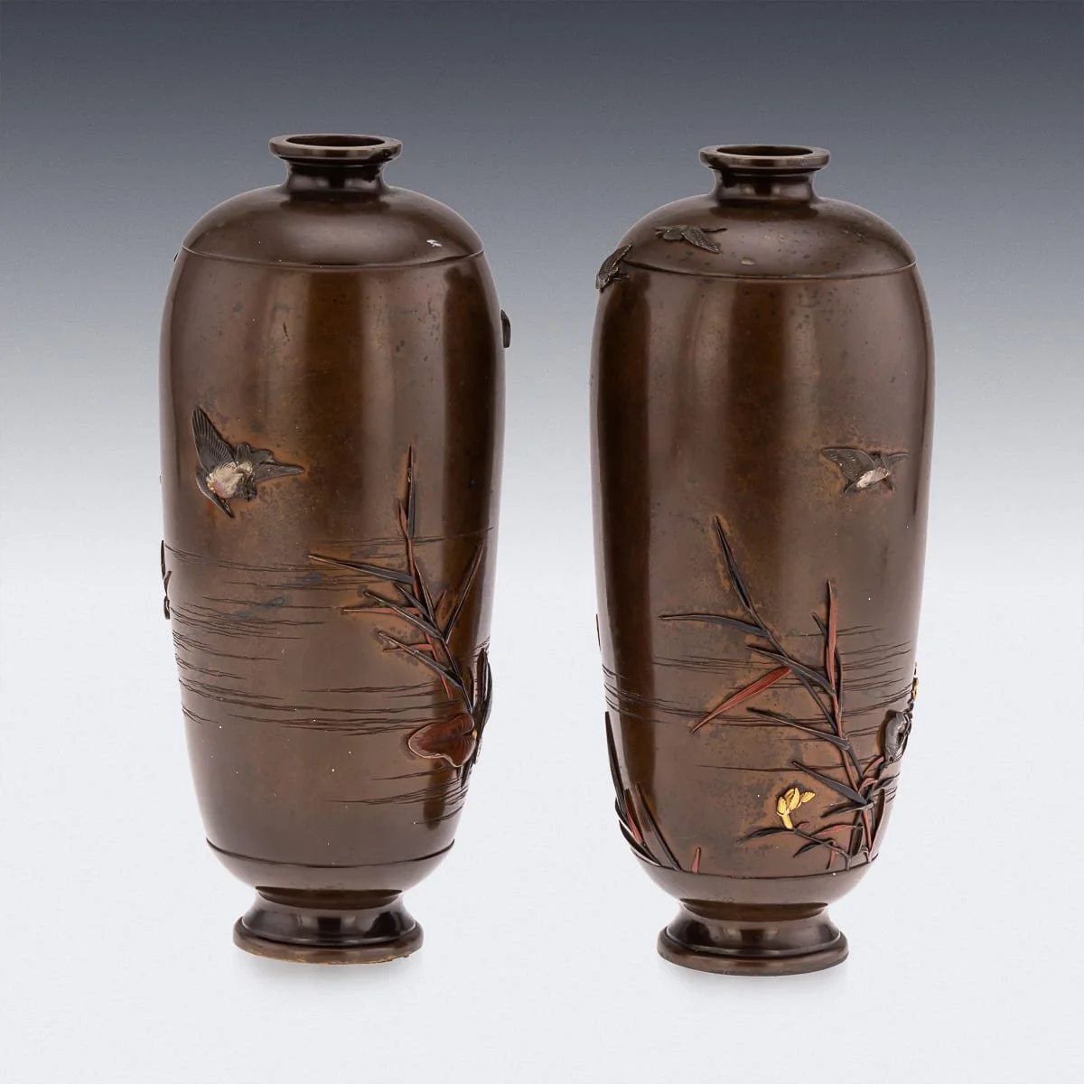 PUSHKINS.COM - G11936 - ANTIQUE 19thC JAPANESE MEIJI PERIOD PAIR OF INLAID BRONZE OVOID VASES BY MIYABE - 07.jpg