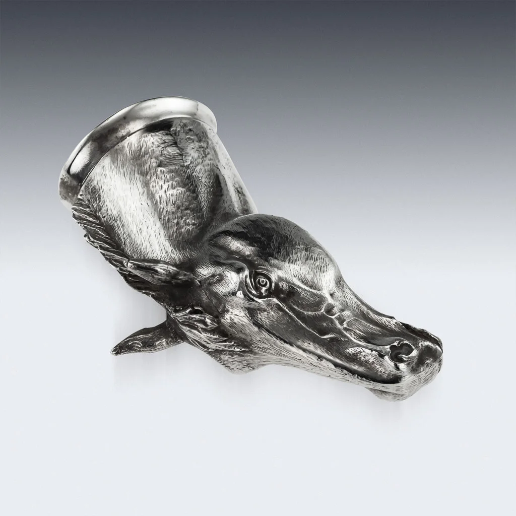 PUSHKIN ANTIQUES LONDON - MODERN 21thC IMPRESSIVE SOLID SILVER CAST STALLION HORSE STIRRUP CUP c.2012 - 07.jpg