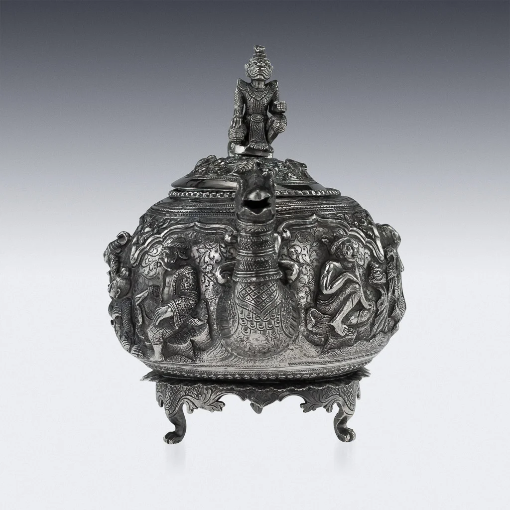 Pushkin Antiques - ANTIQUE 20THC BURMESE SOLID SILVER SCULPTURAL TEAPOT C. 1900- 4.jpg