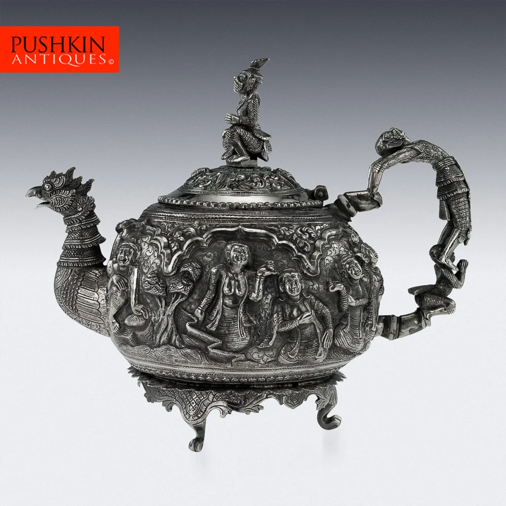 Pushkin Antiques - ANTIQUE 20THC BURMESE SOLID SILVER SCULPTURAL TEAPOT C. 1900- 1.jpg