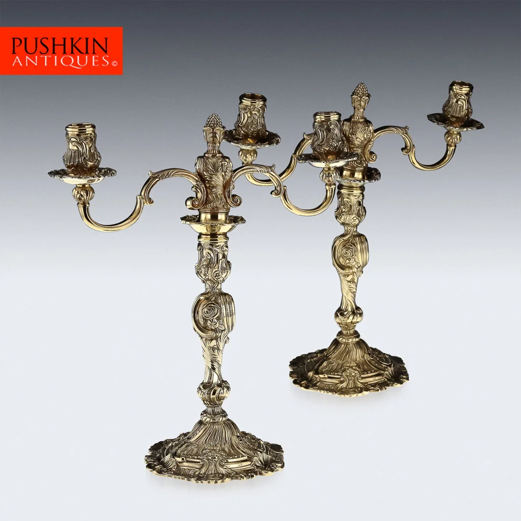 ANTIQUE 18thC RARE GEORGIAN SOLID SILVER GILT PAIR OF CAST CANDELABRA c.1749.jpg