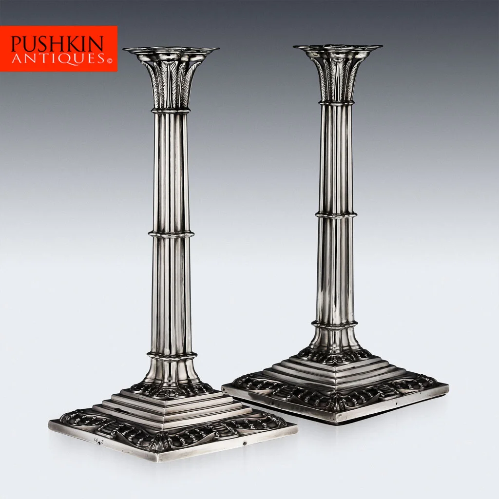 ANTIQUE 18thC GEORGIAN SOLID SILVER UNUSUAL COLUMN CANDLESTICKS, LONDON c.1765.jpg