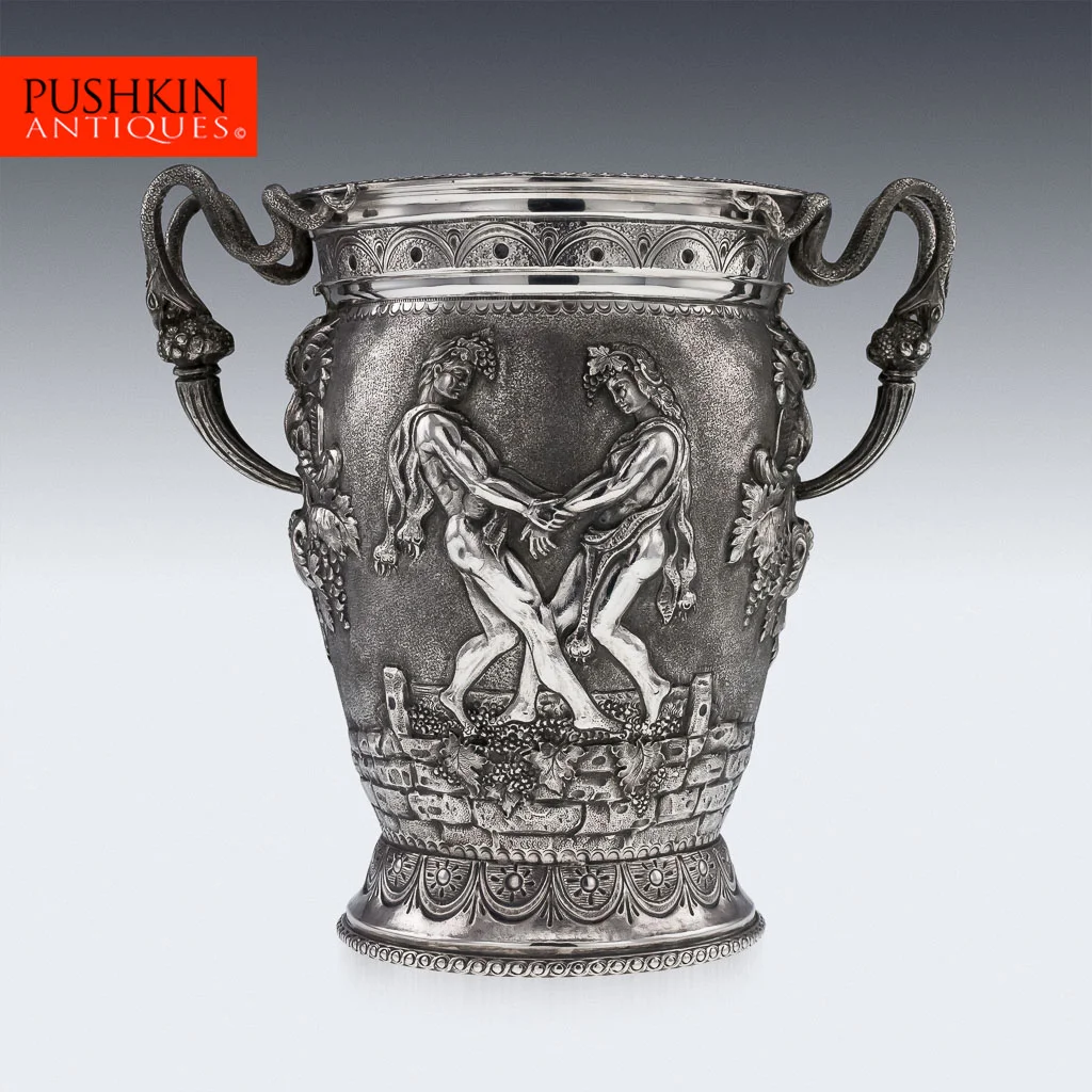 LOVELY 20thC ITALIAN SOLID SILVER LARGE ROMAN STYLE WINE COOLER, MILAN c1950.jpg