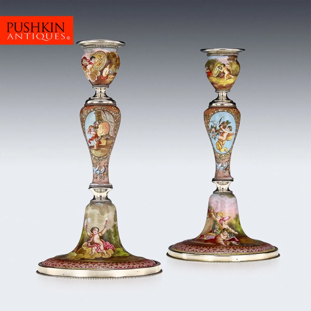 ANTIQUE 19thC AUSTRIAN SOLID SILVER & PAINTED ENAMEL CANDLESTICKS, VIENNA c.1880.jpg