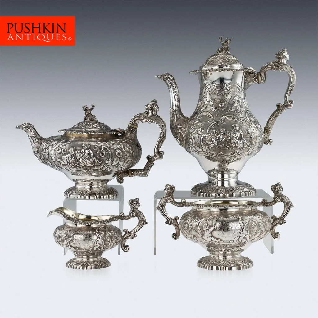 PUSHKIN ANTIQUES LONDON - ANTIQUE 19thC GEORGIAN SOLID SILVER TEA SET & COFFEE SET, JOSEPH ANGELL c.1822 - 01.jpg