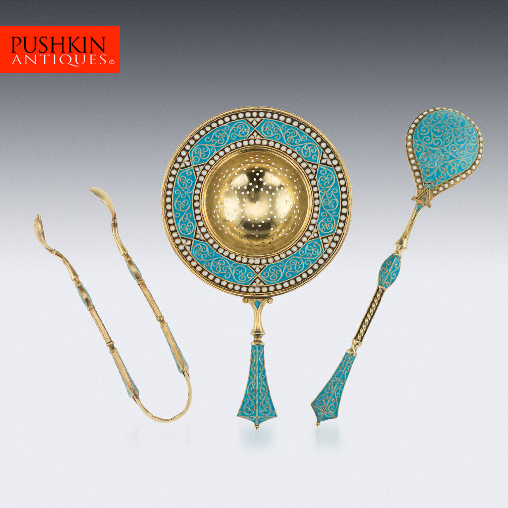 PUSHKIN ANTIQUES LONDON - ANTIQUE 19thC NORWEGIAN SOLID SILVER & ENAMEL TEA CUTLERY SET, ANDERSEN c.1890 - 01.jpg