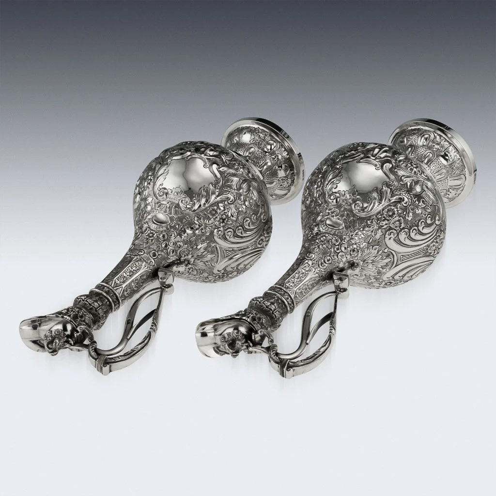 PUSHKIN ANTIQUES LONDON - ANTIQUE 19THC VICTORIAN SOLID SILVER PAIR OF MAGNIFICENT ARMADA JUGS C.1898 - 06.jpg