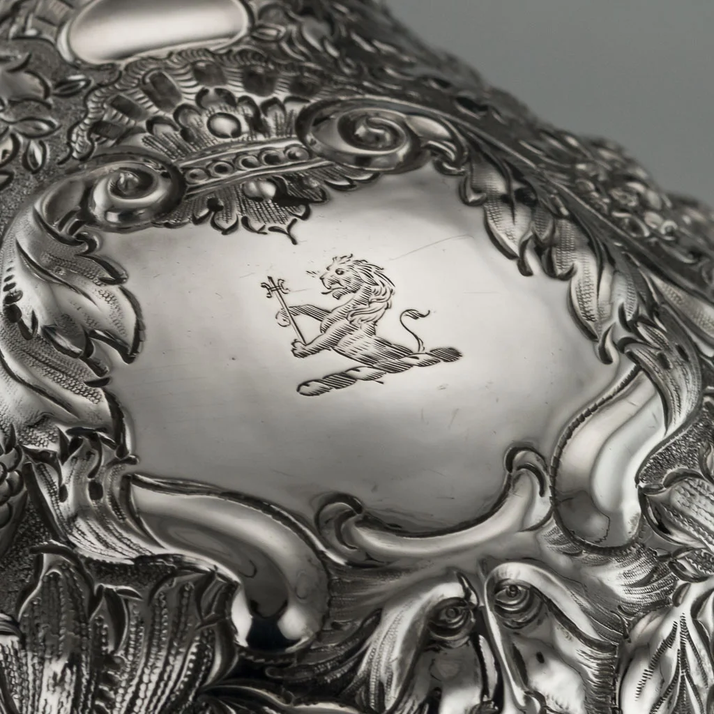 PUSHKIN ANTIQUES LONDON - ANTIQUE 19THC VICTORIAN SOLID SILVER PAIR OF MAGNIFICENT ARMADA JUGS C.1898 - 08.jpg