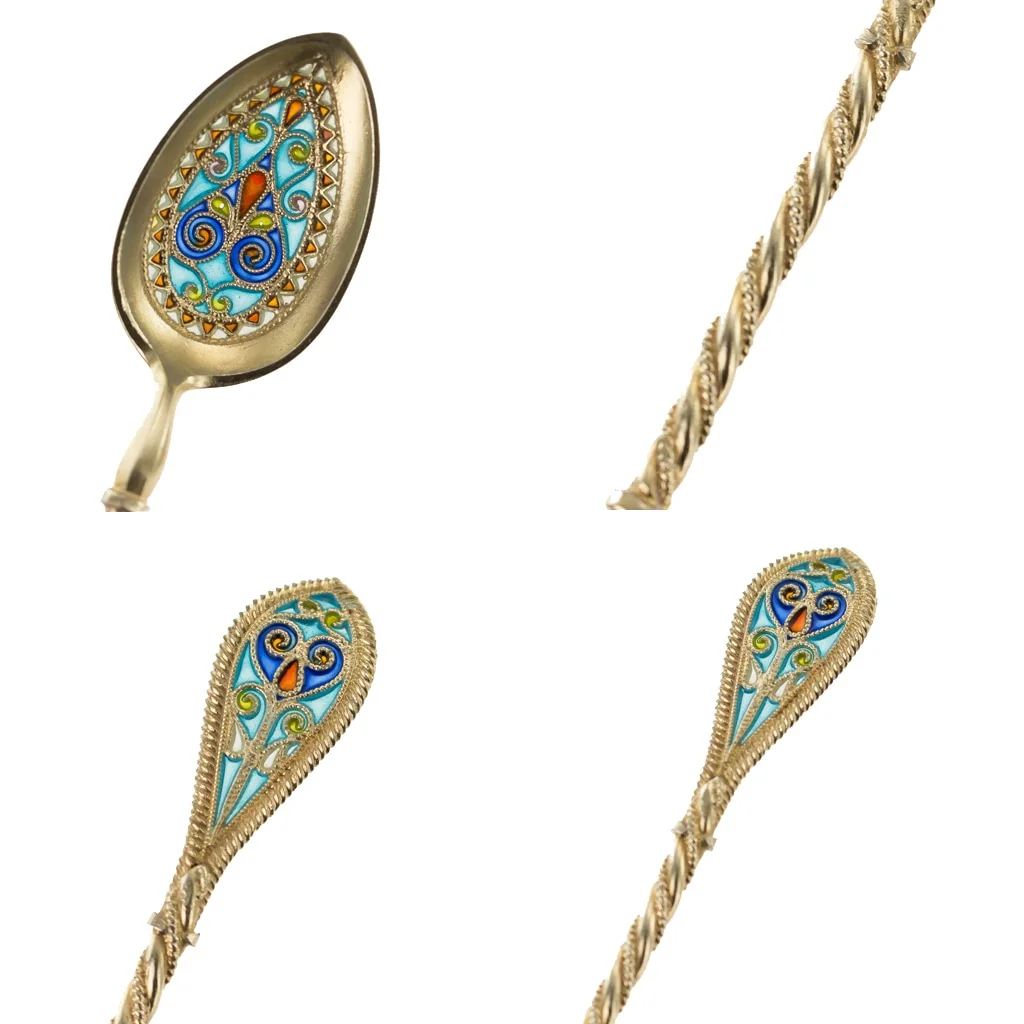 ANTIQUE 19THC NORWEGIAN SOLID SILVER PLIQUE A JOUR ENAMEL SPOONS & TONGS C.1890 - 10.jpg