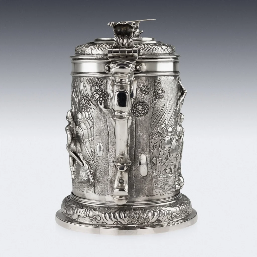 Pushkin Antiques ANTIQUE 19thC GERMAN HANAU SOLID SILVER MASSIVE EMBOSSED FIGURAL TANKARD c.1870 - 02.jpg