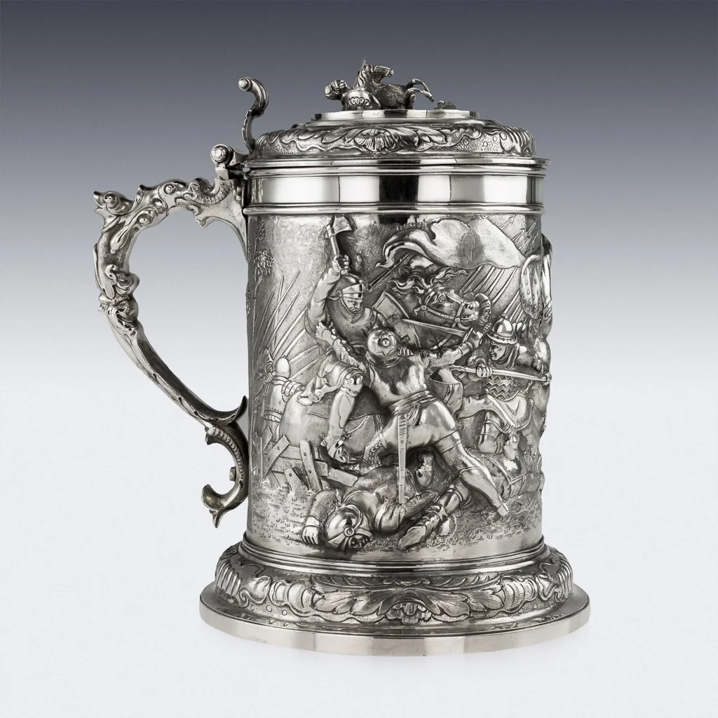Pushkin Antiques ANTIQUE 19thC GERMAN HANAU SOLID SILVER MASSIVE EMBOSSED FIGURAL TANKARD c.1870 - 03.jpg
