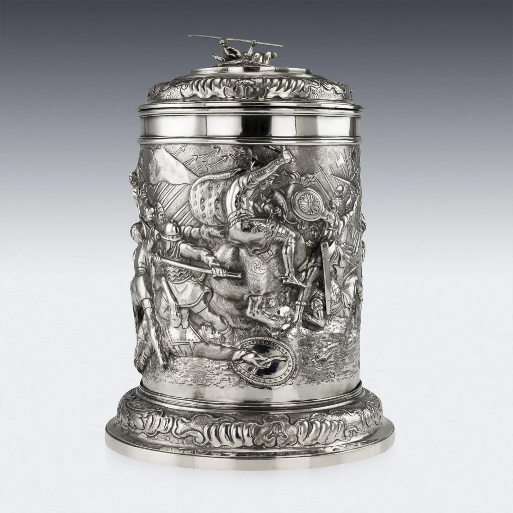 Pushkin Antiques ANTIQUE 19thC GERMAN HANAU SOLID SILVER MASSIVE EMBOSSED FIGURAL TANKARD c.1870 - 04.jpg