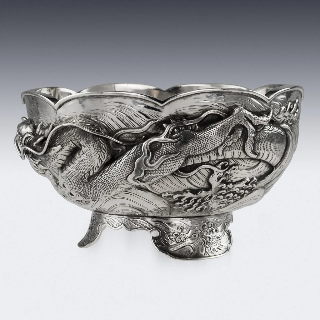Pushkin Antiques ANTIQUE 19thC JAPANESE MEIJI PERIOD SOLID SILVER DRAGON BOWL c.1890 - 02.jpg
