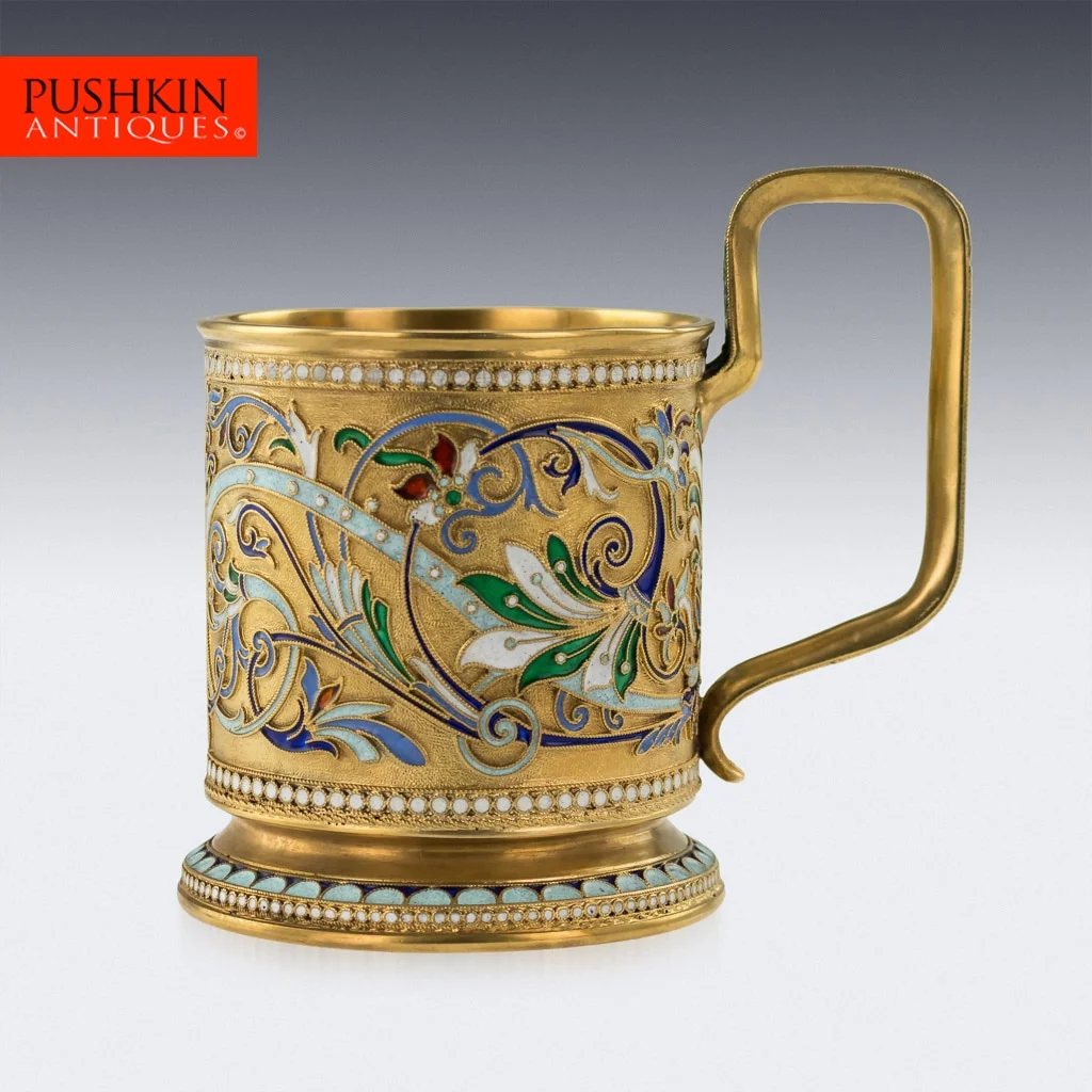 Pushkin Antiques - ANTIQUE 20thC IMPERIAL RUSSIAN SOLID SILVER-GILT ENAMEL TEA GLASS HOLDER c.1900 - 01.jpg