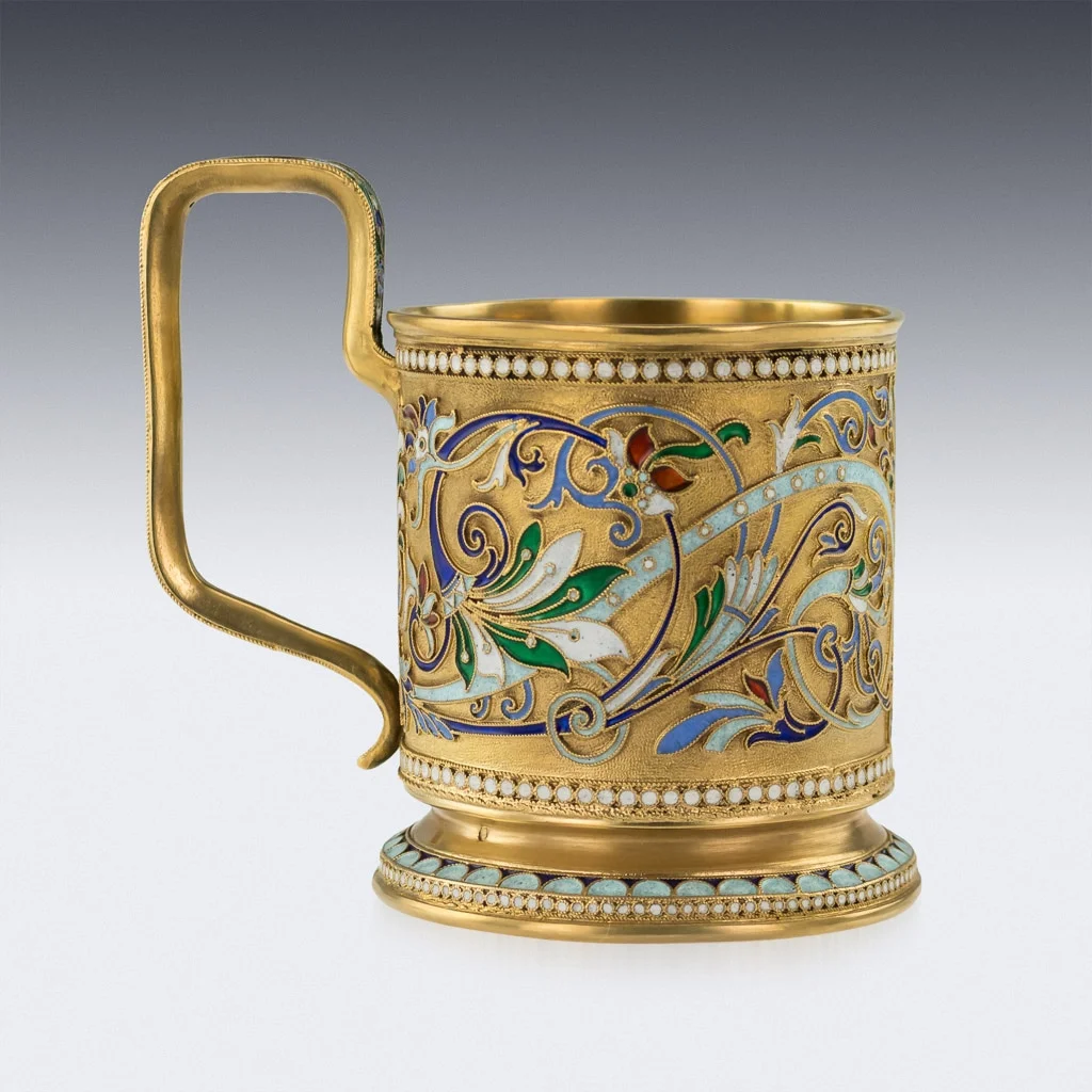 Pushkin Antiques - ANTIQUE 20thC IMPERIAL RUSSIAN SOLID SILVER-GILT ENAMEL TEA GLASS HOLDER c.1900 - 03.jpg