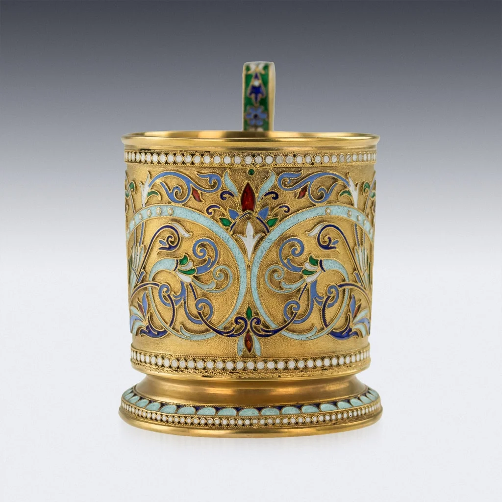 Pushkin Antiques - ANTIQUE 20thC IMPERIAL RUSSIAN SOLID SILVER-GILT ENAMEL TEA GLASS HOLDER c.1900 - 04.jpg