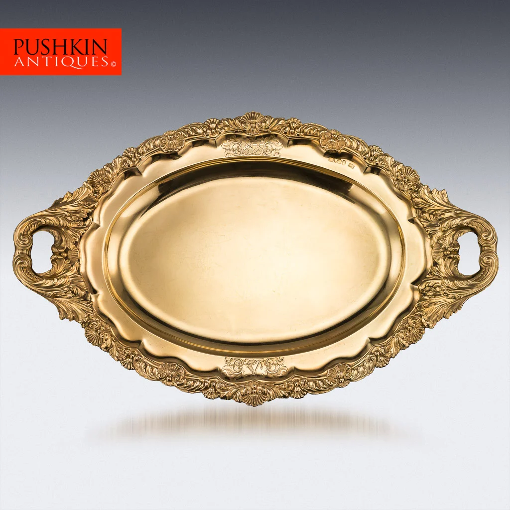 ANTIQUE 19thC GEORGIAN SOLID SILVER GILT TWO HANDLED TRAY, EDWARD FARRELL c.1826.jpg