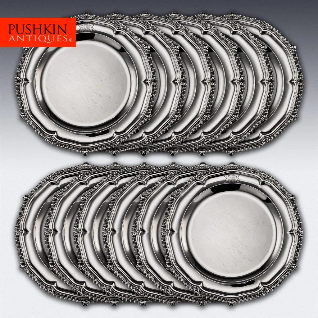ANTIQUE 19THC RARE GEORGIAN PAUL STORR SOLID SILVER SET OF 12 PLATES C.1816.jpg