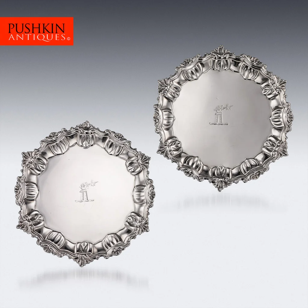 ANTIQUE 18thC IRISH PROVINCIAL CORK SOLID SILVER PAIR SALVER TRAYS, TERRY c1765.jpg