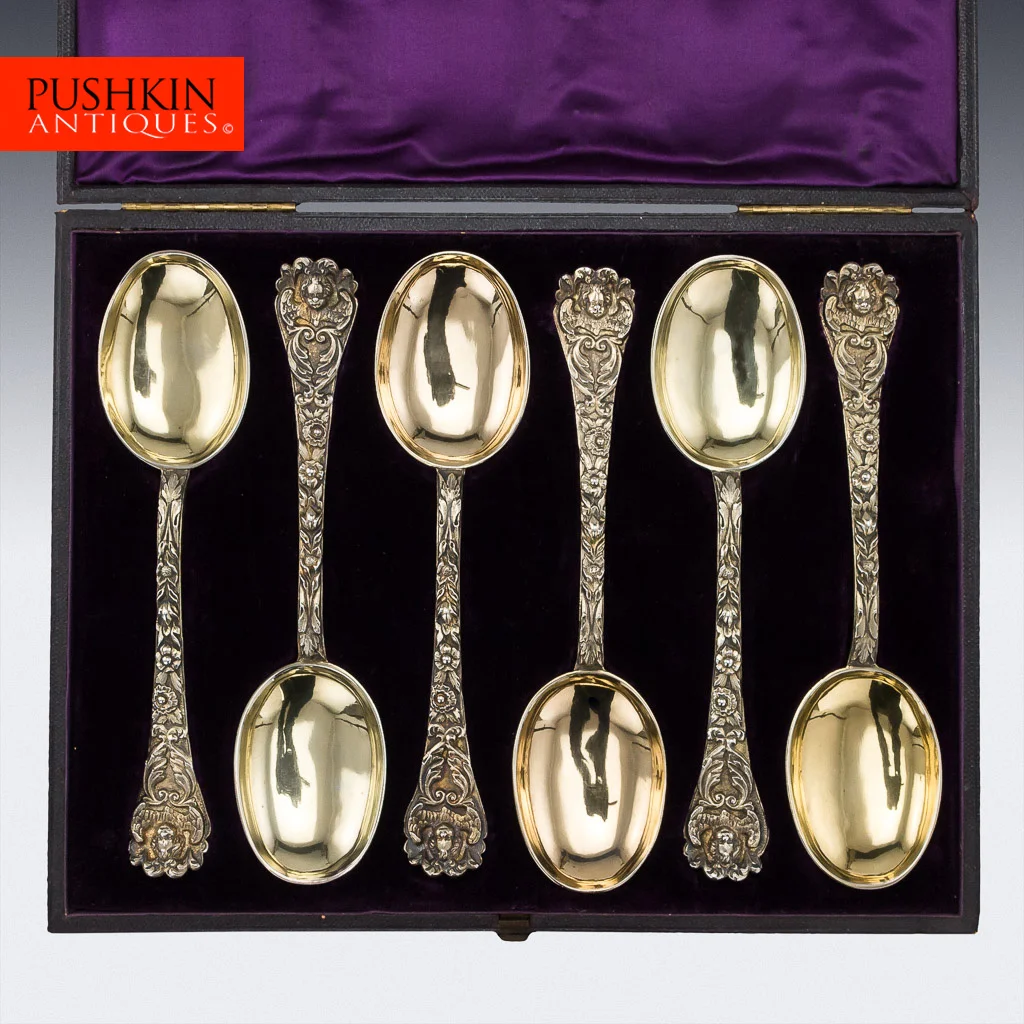 ANTIQUE 19thC VICTORIAN SOLID SILVER GILT DECORATIVE SPOONS, H W CURRY c1876.jpg
